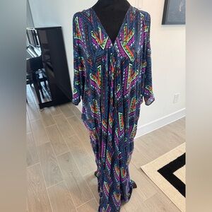 MARA HOFFMAN 100% Silk Kaftan Cover Up Dress Colorful Cold Shoulder Medium VGUC